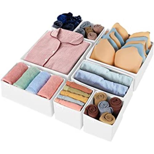Drawer Organizer Clothes, 8 Pack Underwear Drawer Organizer, Foldable Closet Organizers and Storage Dresser Drawer Dividers for Clothes, Socks, Scarves, Ties (White)