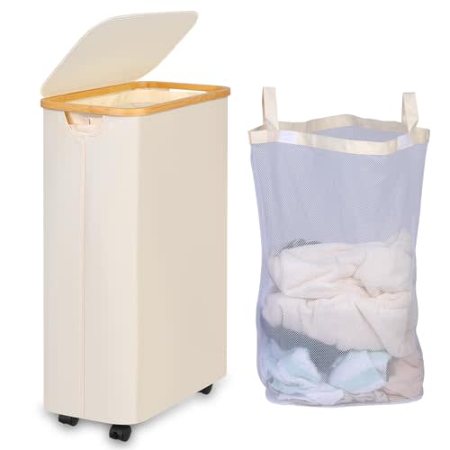 iEGrow Laundry Basket with Wheels, 75L Beige Clothes Hamper for Laundry, Laundry Hamper with Lid and Inner Bag, for Laundry Room, Bedroom, Dormitory Storage,Beige