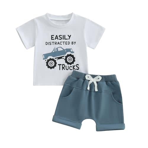 WZTYYDS Toddler Baby Boy Summer Clothes 2T 3T 4T 5T Boys Outfit Letter Truck Short Sleeve T-Shirt Tops + Shorts Set