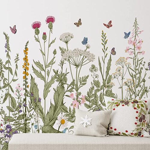 Zonon 6 Pcs Flowers Wall Decals Stickers Vinyl Removable Peel and Stick Colorful Dragonflies Floral Wall Murals Decor for Bedroom Living Room Nursery (Olive Green Flowers)