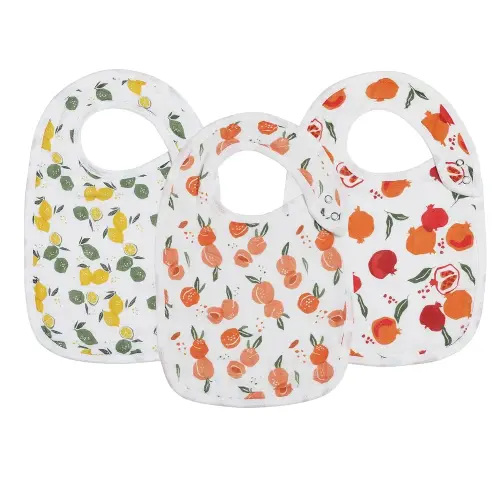 Snap Muslin Bibs for Girls, 3-Pack Baby Bibs for Infants, Newborns and Toddlers, 100% Cotton Muslin Absorbent & Soft Layers, Adjustable Snaps,"Lemon,Peach,Pomegranate"