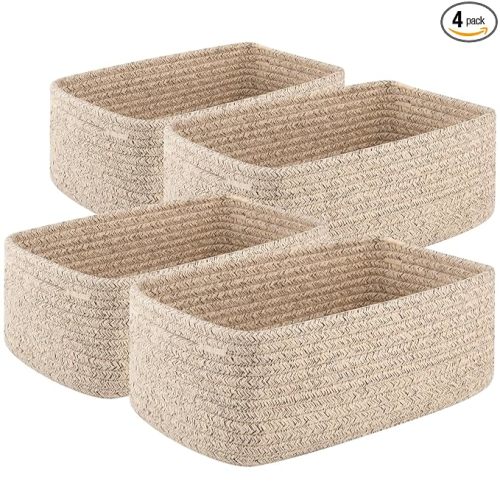4 Pack Small Storage Shelf Baskets for Organizing, Mini Woven Rope Storage Bins for Towels, Cute Decorative Closet Organizer，Baby Nursery, Gift Empty Baskets -11.81''Lx7.87''Wx4.72''H'-Brown