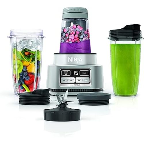 Ninja Foodi Blender | Personal Smoothie Maker, Mixer | Includes Hybrid Blades, (2) 24 oz. To-Go Cups with Lids, (1) 14 oz. Smoothie Bowl Maker with Storage Lid | Silver | 1200 Peak Watt | SS101