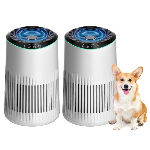 Air Purifier for Bedroom Home with Sleep Mode for Smoke Pet Dander Odors, Small Air Purifier with Fragrance Sponge, Blue Ambient Light, 23dB Quiet, 1 Type 2 Pack White