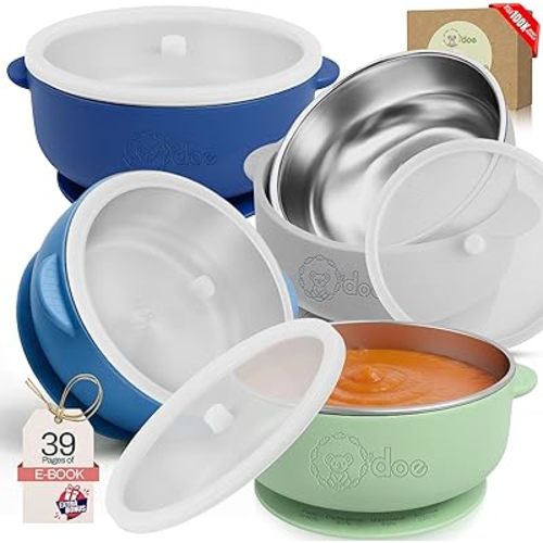 o'doe Suction Bowls for Baby - Non-Toxic Stainless Steel Baby Bowls 5" with Non-Slip Removable Silicone Shell - BPA-Free Toddler Bowls (Dark Blue + Powder Blue + Grey + Green (With Lid))