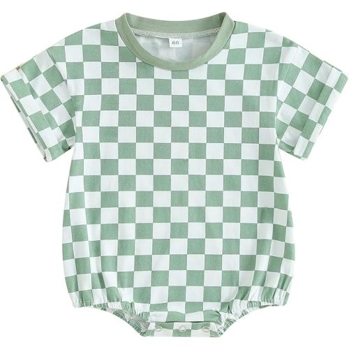 Karuedoo Newborn Baby Boy Girl Clothes Checkered T-Shirt Bubble Romper Oversized Short Sleeve Onesie One-Piece Summer Outfit
