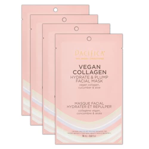 Pacifica Vegan Collagen Hydrate & Plump Face Mask 4-Pack – Hydrating & Plumping Peptide-Infused Sheet Mask for Dewy Skin, with Vegan Collagen, Cucumber & Aloe, Clean Beauty Skincare​
