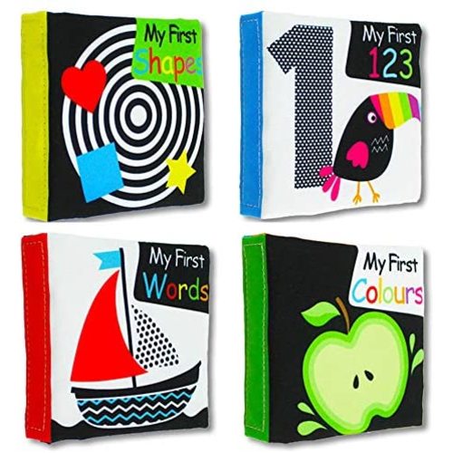 High Contrast Baby Toy Black and White Book for Newborns 4 Infant Crinkle Books, Cloth Books Touch and Feel Sensory Activity Book Squeak and Crinkle Toy, Early Development Interactive Toy