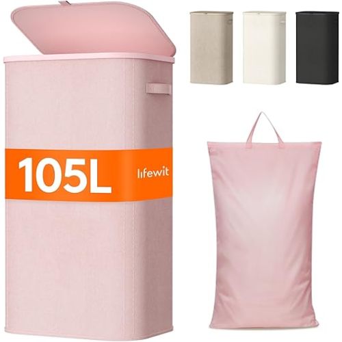 Lifewit 105L Laundry Basket with Lid, Large Laundry Hamper with Plastic Handles and Removable Bag, Foldable Tall Dirty Clothes Hampers for Laundry for Laundry Room, Bedroom, Bathroom, Dorm, Pink