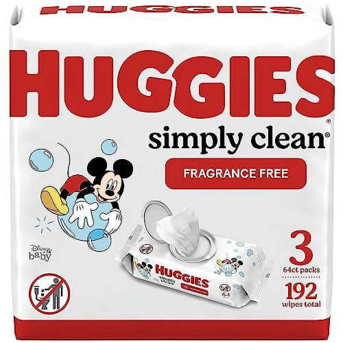 Huggies Simply Clean Fragrance-Free Baby Wipes, 3 Flip-Top Packs (192 Wipes Total)