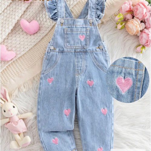 SHEIN Baby Girls' Pink Heart Embroidered Blue Denim Jumpsuit | SHEIN USA