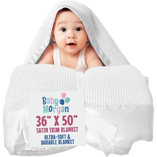 Baby Morgan Blankets Thermal Waffle Baby Blanket Crib Bedding - Soft Cozy Warm Infant Thermal Cover for Nursery Stroller or Bassinet, Lightweight Ideal Shower Gift, Satin Trim White 36" x 50"