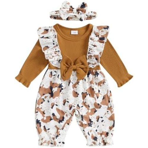 Western Baby Girl Clothes Horse Print Romper Bow Patchwork Jumpsuit Ruffle Sleeve Bodysuit Infant Cowgirl Outfit
