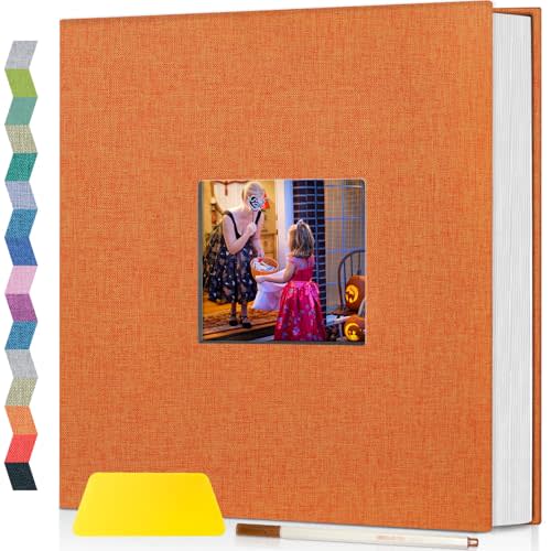 Popotop Photo Album Self Adhesive with Picture Display Window,60 Pages DIY Scrapbooking Supplies Kit for 4x6 8x10 Picture,Linen Cover Memory Book for Baby Wedding, with Scraper and Metallic Pen
