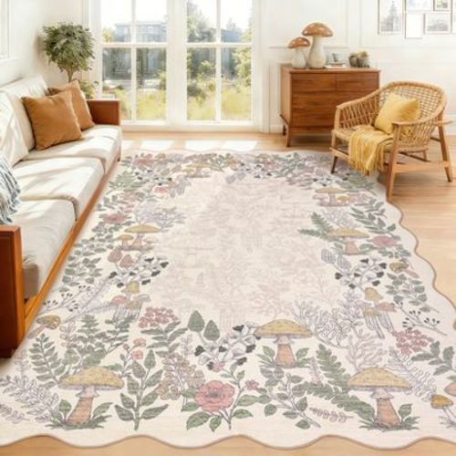 Mushroom Scalloped Area Rug 5x7, Washable Soft Non-Slip Low Pile Bedroom Rug, Farmhouse Cute Indoor Carpet for Living Room Nursery Dining Room