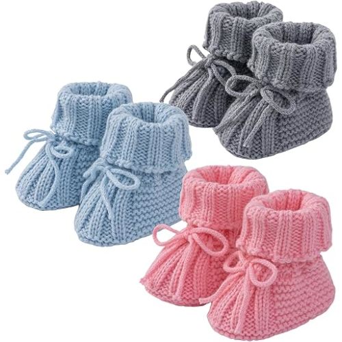 Baby Booties Newborn Soft Knit Sock Shoes for 0-6 Months Infant Girl Boy First Walking 3 Pack