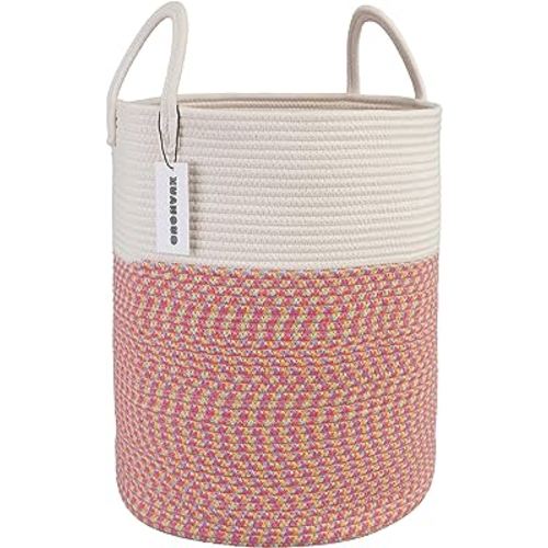 Cotton Rope Laundry Basket Hamper for Clothes Woven Storage Basket for Living Room Bedroom Boho Tall Rope Baskets for Blanket Toys Pillow Towels Baby Nursery Hamper Bin Large (multicolor)