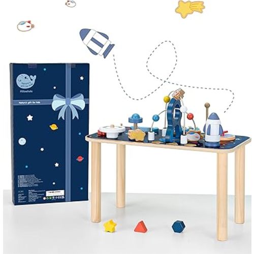 Wooden Activity Table, 8 in 1 Baby Activity Cubes for Kids, Toddler Sensory Table, Baby Standing Activity Center, Play Table with Stacking Toys, Bead Maze & Gears for 1 Year Old Boys Girls