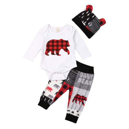 BABY BEAR Patchwork Outfit with Beanie - Hazel & Bo
