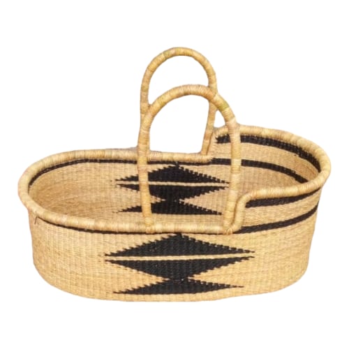African Moses Baby Basket – Handwoven Bolga Bassinet Crib with Black Tribal Patt