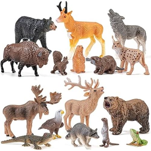 16PCS Mini North American Forest Woodland Animals Figurines Toys, Realistic Jungle Wild Animal Figures with Wolf,Bear,Bison,Reindeer,Birthday Party Favors Valentine's Day Gifts for Kids