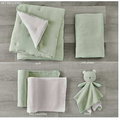 Levtex Baby - Cloud Muslin Crib Bed Set - Baby Nursery Set - Sage and White Stars - Sage Textured Muslin - 5 Piece Set Includes Quilt, Fitted Sheet, Two Swaddles & Bear Lovey
