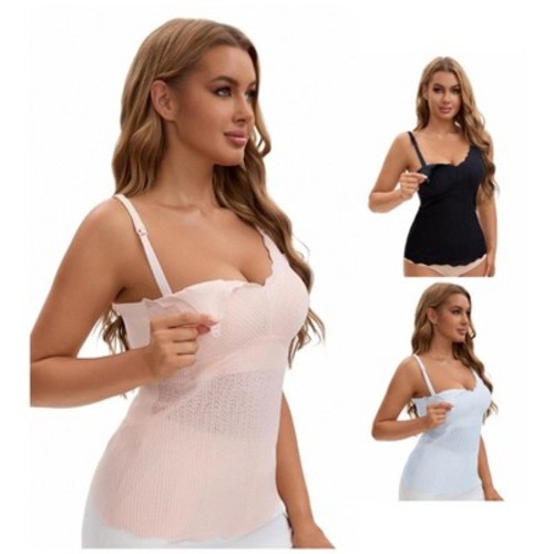 INSPIRE CHIC Women's 3 Pcs Lace Nursing Tanks with Adjustable Straps Breastfeeding V Neck Built-In Bra Cami 1 Black 1 Light Pink 1 Blue XX-Large