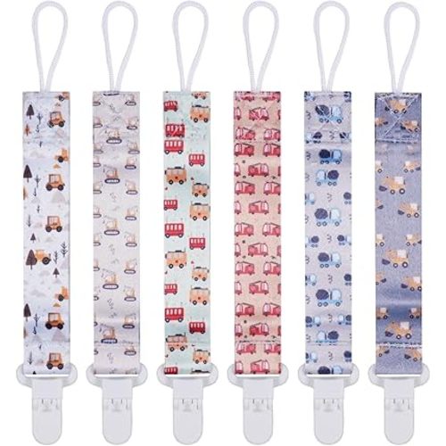 Baby Pacifier Clip,Paci Leash Binky Clips for Baby Boys and Girls,Newborn Essentials,Pack of 6 Gift Set. (Construction Truck)
