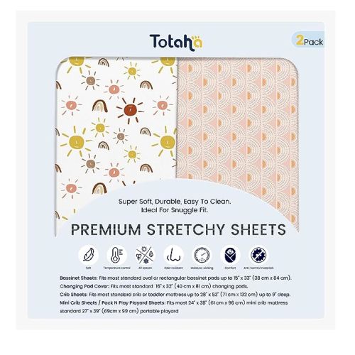 TotAha Mini Crib Sheets Boho Rainbow, Hypoallergenic Pack N Play Mattress Sheets, Buttery Soft Pack and Play Fitted Sheets 24x38x5, 2 Pack
