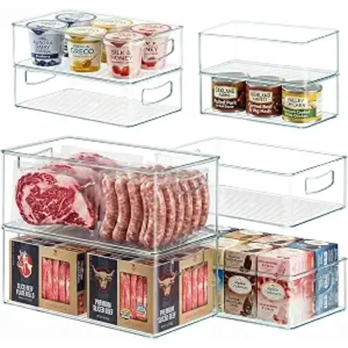 Heyuzb 8 PACK Freezer Organizer Bins Fridge Organizers and Storage Stackable Refrigerator Organizers Bins with Side Handles Clear Storage Bins for Pantry, Under Sink, Kitchen Cabinet