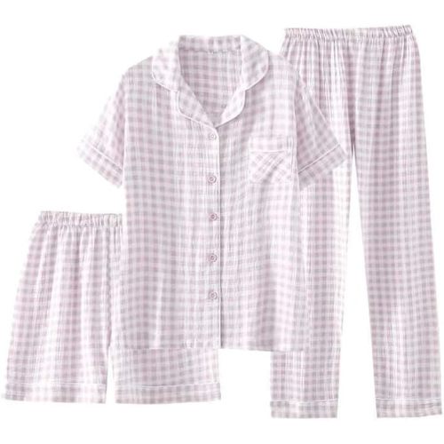 Womens Cotton Pajama Sets Plaid Short Sleeve Button Down Sleepwear Ankle Pants 3 Piece Gingham Pj Set