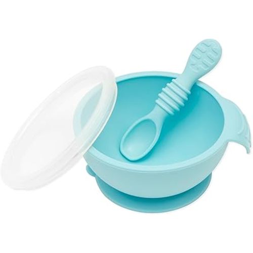 Bumkins Silicone Baby Feeding Set with Suction, Includes Spoon and Lid, Essential for Baby Led Weaning, Blue