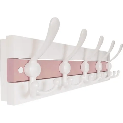 SKOLOO Coastal Wall Mounted Coat Rack - 16-7/8" Beach House Entryway Wooden Coat Hook with 5 Hooks for Hanging Coats, Hats or Towels, Oceanfront Cottage Core Collection, White & Palm Beach Pink
