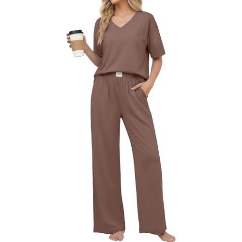 Ekouaer Conjunto de pijama de algodón para mujer, ropa de dormir de manga corta, pantalones largos, pijama suave con bolsillos S-XXL