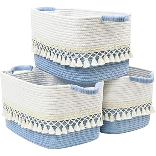 3 Pack Storage Basket for Shelves, Boho Cotton Rope Storage Bins with Heavy Tassel, Shelf Baskets Large Woven Baskets for Organizing, Cube Organizer Bins, Baby Laundry Basket for Clothes, Toys, Pets