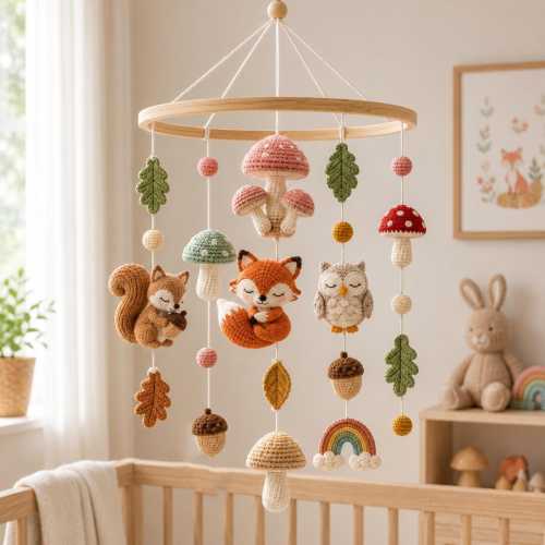 Woodland Baby Mobile, Crochet Fox Owl Squirrel Crib Mobile, Mushroom Forest Nursery Decor, Woodland Animal Mobile, Baby Shower Gift