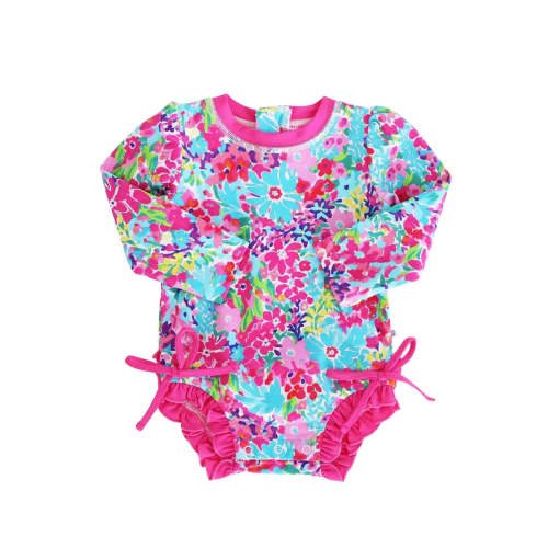 Long Sleeve Rash Guard With Ruffle Bottom in Petal Splash | Caden Lane