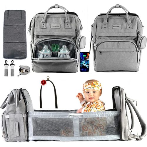 Nomad Kidz Diaper Bag Backpack with Changing Station, Diaper Bag for Boys & Girls, Diaper Bag Backpack with Travel Bassinet,Pacifier Case and USB Charging Port, Grey Diaper Bag, For Dads & Moms