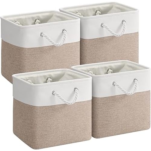 12 x 12 Inch Cube Storage Bins, 4 Pack Fabric Storage Basket with Handles, Foldable Boxes Organizer for Shelf Baskets for Home, Clothes (White/Khaki)