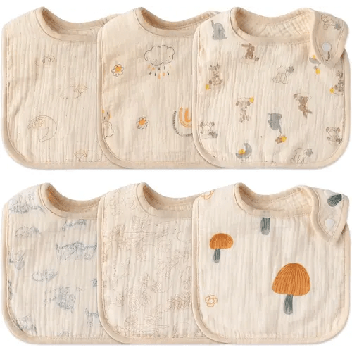 Zainpe 6Pcs Snap Muslin Cotton Baby Bibs Rabbit Bear Sheep Pattern Bandana Drool Cloths Soft Absorbent Adjustable Burp Cloth Feeding Bib for Newborns Girls Boys Toddlers Teething Eating 0 to 36 Months