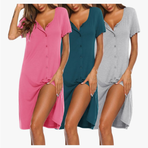 Ekouaer 3 Pack Women's Button Down Nightgowns Short Sleeve Night Shirts for Women Sleepwear V Neck Sleep Dress