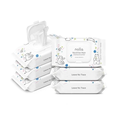 Nolla Nose and Face Wipes for Babies & Kids with Saline, Vitamin E, & Aloe | Unscented | Compostable, 180 Count (6 Packs of 30)