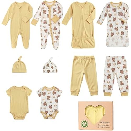 Aablexema Organic Cotton Unisex Baby Layette Registry Clothes Set | 10Pcs Newborn Welcome Home Clothes Gift Set with Night Gowns, Zip Up Footie Pajamas, Bodysuit, Pant, Hat, Gift Box