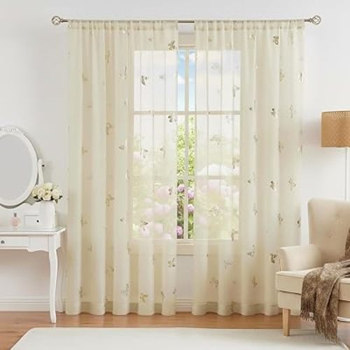 Jubilantex Ivory Butterfly Gold Print Sheer Curtains 52x84 Inch Rod Pocket