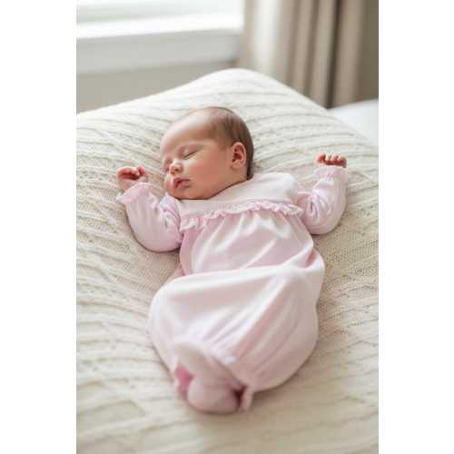 Ruffled Yoke Gown-Pink with White Trim-Pima Cotton-Monogramme Maison-Baby Girl Coming Home Outfit-Pima Cotton Baby-Personalized Baby Gown