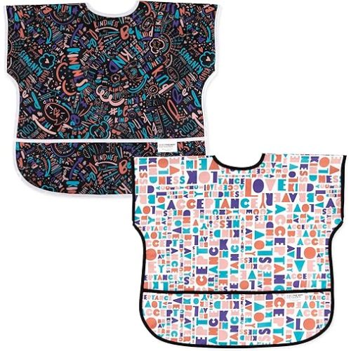 Bumkins - Junior Bib - For Boys & Girls, Toddlers & Kids 1-3 Years - Lightweight, Durable, Waterproof - Short Sleeve Bib - Catch-All Pocket - Wipeable & Machine Washable - Kindness - 2 Pack
