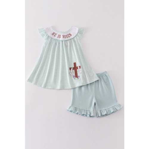 Abby & Evie Girl's Boutique Easter He Is Risen Applique Embroidered Embroidery Two Piece Short Set Outfit Matching Sibling