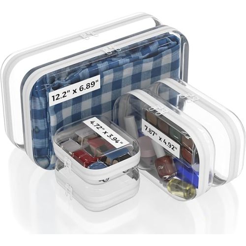 Extra Durable Mini Clear Hard Shell Zipper Case 6 Pack, 2x 12" Large, 2x 8" Medium, 2x 5" Small, Clear Travel Makeup Case, Hard Plastic Toiletry & Cosmetic Bag, Zippered Make Up Organizer Pouch