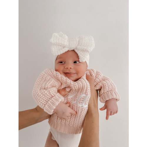 ELISSA WAFFLE KNIT BOW HEADBAND - WHITE