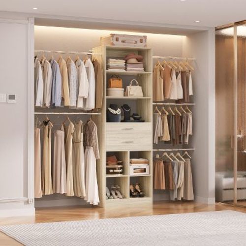 Besiost 8FT Closet Organizer with Wood Drawers and Cubbies, Adjustable Closet System with 5 Hanging Rods - Beige